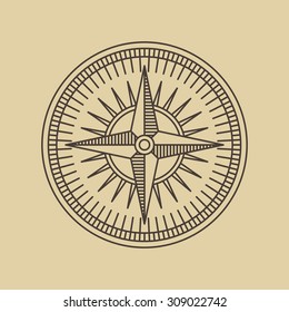 Round linear vintage compass logo.  Outline monochrome stamp navigation brand design.