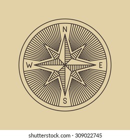 Round linear vintage compass logo.  Outline monochrome stamp navigation brand design.