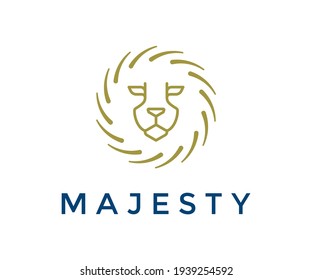 Round lion face elegant logo design. Golden lion head abstract luxury vector symbol.