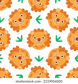 Round lion Seamless pattern. Vector Background with the faces of lion. Template for the packaging, baby textile. 
