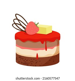 Round little delicious fruit cake. Pastry sweet products, dessert yummy slice, tasty confectionery glazed pie, birthday party cake, biscuit and whipped cream vector illustration
