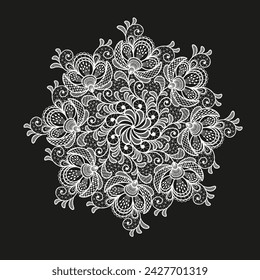 Round llace decoration element.White lace flowers.Vector handmade white lace branches with flowers. 