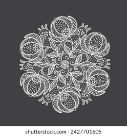 Round llace decoration element.White lace flowers.Vector handmade white lace branches with flowers. 