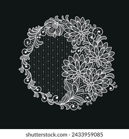 Round llace decoration element.White lace flowers.Vector handmade white lace branches with flowers. Floral lace frame