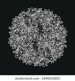 Round llace decoration element.White lace flowers.Vector handmade white lace branches with flowers. 