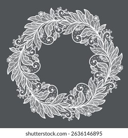 Round llace decoration element.White lace flowers frame.Vector handmade white lace branches with flowers. 