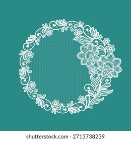 Elemento de decoración de encaje redondo. Marco de flores de encaje blanco. Ramas de encaje blancas hechas a mano de Vector con flores. 