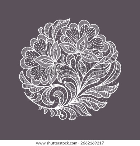 Round llace decoration element.White lace flowers frame.Vector handmade white lace branches with flowers. 
