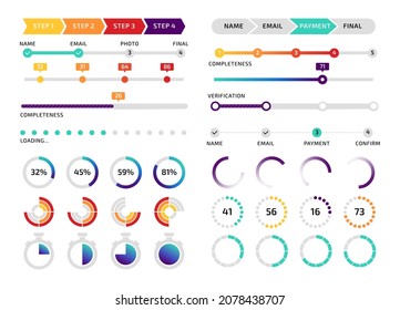 Round loader and progress bar kit, app screen interface download graphic element, time tracker widget. Vector smartphone infographic set