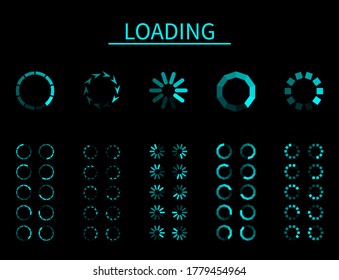 Round loader. Progressive buffering upload loading, frame animation, digital interface for app and internet, computer and mobile, blue signs of wait download on black background vector isolated set