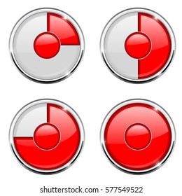 Round loading process icon. Red and white sign with chrome frame. Vector 3d illustration isolated on white background.