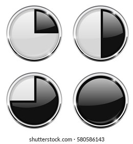 Round loading progress icon. Black and white sign with chrome frame. Vector 3d illustration isolated on white background