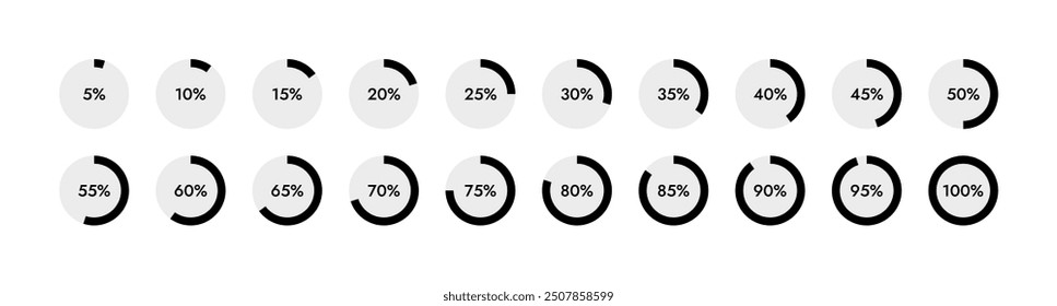 Round Loading Progress Icons. Set of Percentage Indicators. Progress Indicator Icons for UI Design. Percentage Pie Charts from 5 to 100 Percent. Vector Illustration.