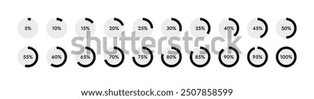 Round Loading Progress Icons. Set of Percentage Indicators. Progress Indicator Icons for UI Design. Percentage Pie Charts from 5 to 100 Percent. Vector Illustration.