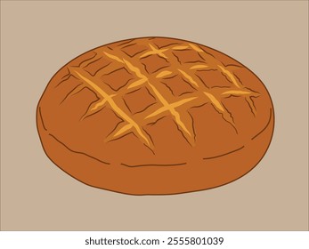 a round loaf of bread with a golden-brown crust and a pattern of diagonal cuts on the top. The bread appears freshly baked, with a rustic and artisanal appearance.
