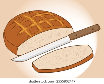 a round loaf of bread with a golden-brown crust, featuring a crisscross pattern on top. A slice is cut from the loaf, with a brown-handled knife placed beside it.