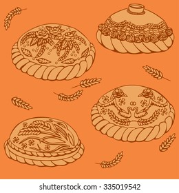 Round Loaf Karavai, traditional slavic russian and ukrainian festivals and weddings bread vector illustration. Russian cuisine