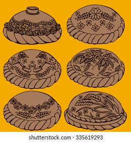 Round Loaf Karavai, traditional slavic russian and ukrainian festivals and weddings bread vector illustration. Russian cuisine