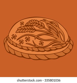 Round Loaf Karavai, traditional slavic russian and ukrainian festivals and weddings bread vector illustration. Russian cuisine