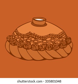 Round Loaf Karavai, traditional slavic russian and ukrainian festivals and weddings bread vector illustration. Russian cuisine