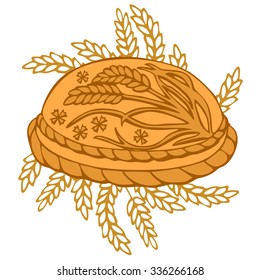 Round Loaf Karavai, traditional slavic russian and ukrainian festivals and weddings bread vector illustration. Russian cuisine