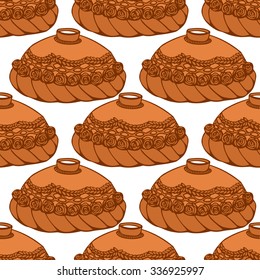 Round Loaf Karavai, traditional slavic russian and ukrainian festivals and weddings bread vector illustration. Russian cuisine