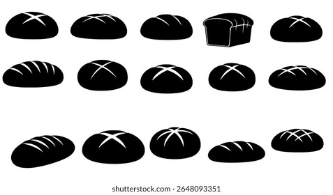 Round loaf and rustic bread top views - black glyph bakery icon set - vector icons or decorative elements for branding, packaging, or layout design