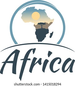 Round logo of Africa with the inscription at the bottom. Sunset landscape inside the silhouette of the African continent. Logotype for a Safari or travel to the African jungle and ethnic country.