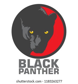 A round logo with a black panther head silhouette with yellow eyes. The background is gray on the left and red on the right. "BLACK PANTHER" is below.