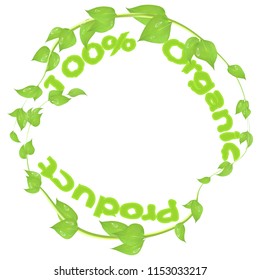 Round logo of branches and leaves with drops of dew and inscription 100 Organic product isolated on a white background