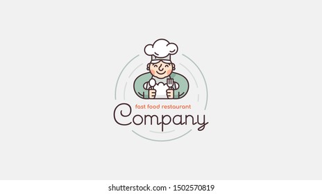 Round logo for cafe confectionery. Funny grandma cook cap cooks pies. Fast food restaurant logo.