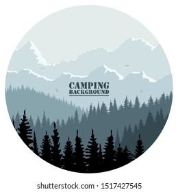 Round logo for camping, hunting season. Silhouette of spruce forest and mountains on the horizon. Birds are flying. Calmness, pacification. In blue tones.