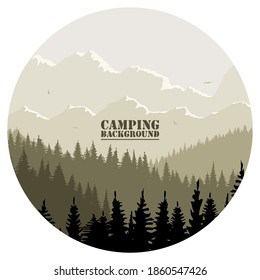 Round logo for camping, hunting season. Silhouette of spruce forest and mountains on the horizon. Birds are flying. Calmness, pacification. In beige tones.