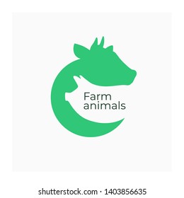 Round logo with cow and pig. Vector Illustration of livestock. Green farm icon with domestic animals. Symbol for farming, agricultural company, farmers market. Negative space design. Meat food sign.