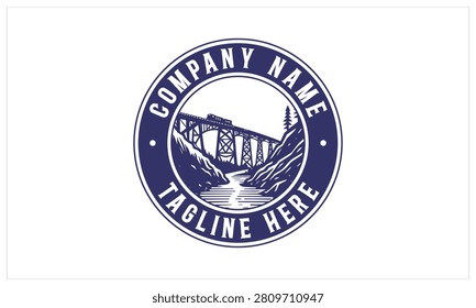 Round logo design with Hand drawn illustration of a trestle bridge, mountains and river in the center of the logo. A train on  atrestle bridge logo templae. A typographic logo template featuring trestle bridge, train, mountain, trees, and river on a white background