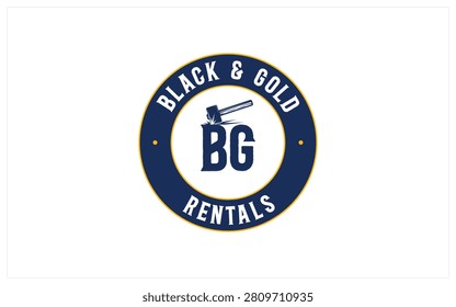 A round logo design for rental services on white background. A circular badge design for a goldsmith shop. A goldsmith shop logo design with hammer icon in the center of logo