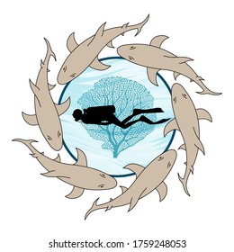 Round logo for a diving club specializing in sharks.