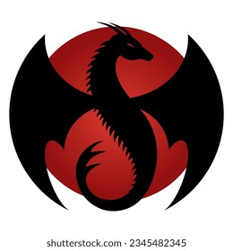 Rundes Logo mit Drachen und roter Sonne. Grafische Schwarz-Weiß-Illustration. 