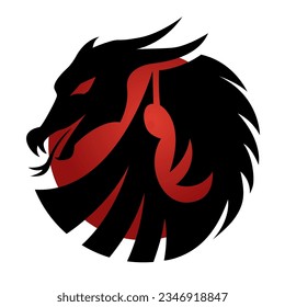 Round logo with dragon and red sun. Graphic black and white illustration. 