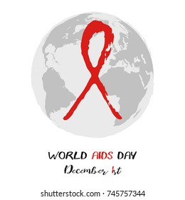 Round logo with Earth globe and red AIDS ribbon from hand written brush strokes on white background. World AIDS day in December 1st. Vector illustration