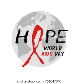 Round logo with Earth globe and red AIDS ribbon from hand written brush strokes on white background. World AIDS day in December 1st. Vector illustration