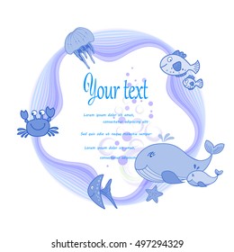 Round logo with fish, whale, crab, jellyfish in round wave frame in watercolor effect.