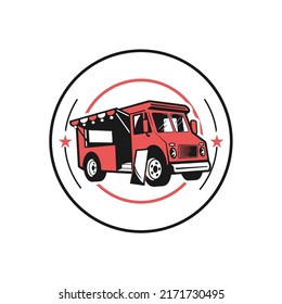 Round logo of food truck, the logos have a retro look