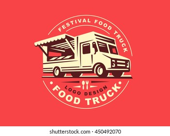 Round logo of food truck, the logos have a retro look