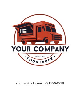 Round logo of Food Truck vector template retro look. Vector illustration