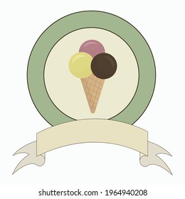 round logo for ice cream in retro style isolated on a white background. Yellow, brown and pink ice cream balls in a waffle cone. Chocolate and fruit gelato. The logo of the gelateria in a flat style.