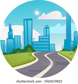 Icono de logotipo redondo. Vector de un sinuoso camino que conduce a una gran ciudad. Edificios de altura, centro de negocios. Pista de dibujos animados para coches. Aislado en el blanco de fondo divertido clipart