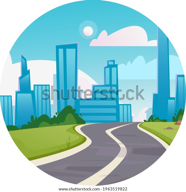 Round logo icon.
Vector of a winding road leading to a big city. High-rise
buildings, business center. Cartoon track for cars. Isolated on
white background fun
clipart