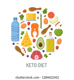 Round logo with keto products. Ketogenic diet concept. Flat design. Vector illustration.