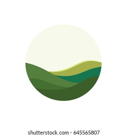 Round logo with landscape. Green fields. Agriculture logo.Vector illustration.